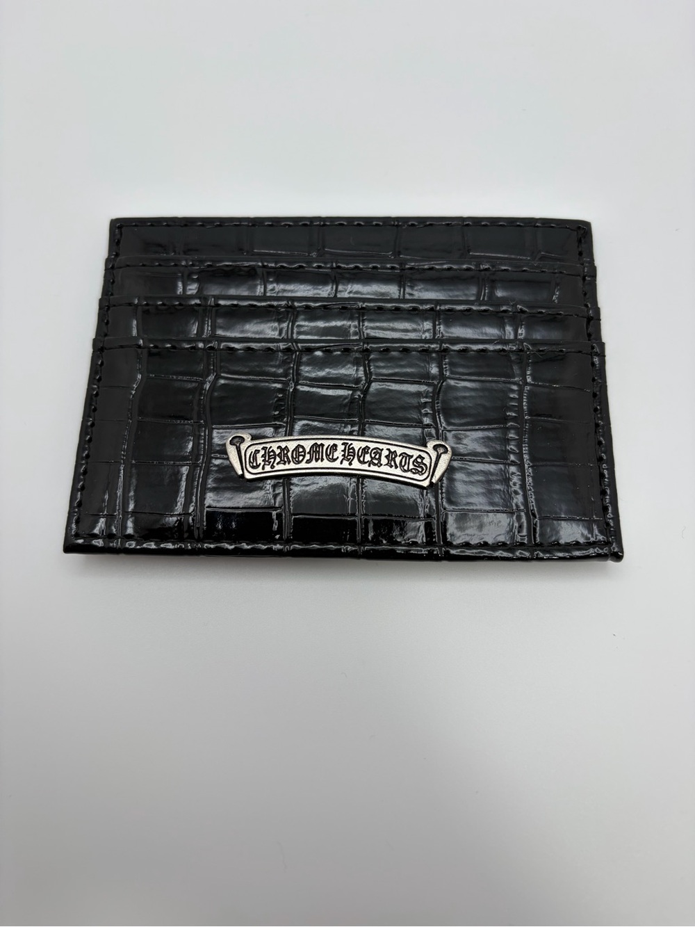 Croc-Embossed Black Card Holder with Metal Cross Accent - Picture 2 of 3